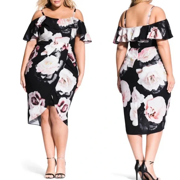 City Chic Cold Shoulder Dress Black Austin Floral Rose Draped Plus Size M 18 - Picture 1 of 15